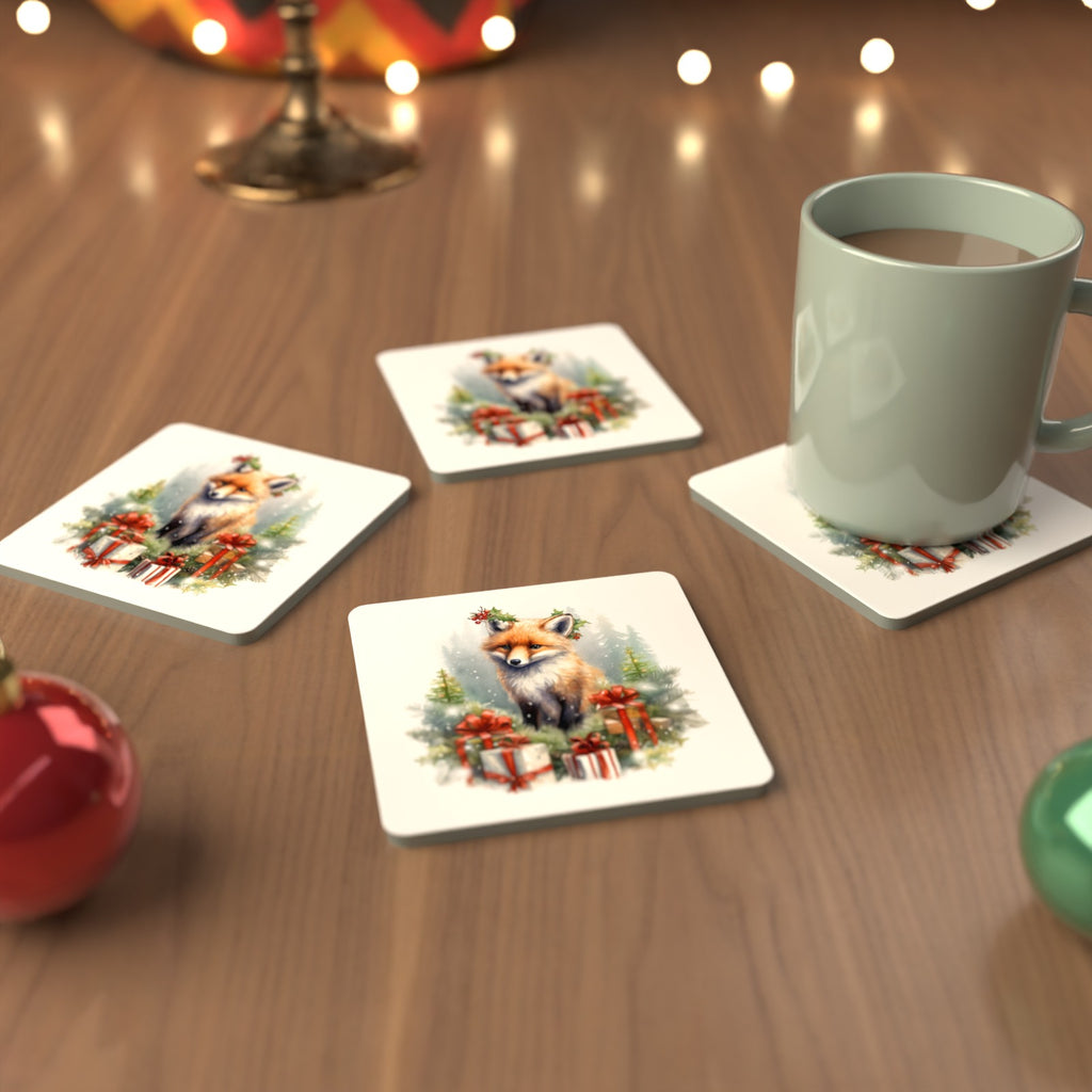 Christmas Fox with Gifts Square Glass Coasters – Set of 6 – Pre-order – lifestyle mockup 3