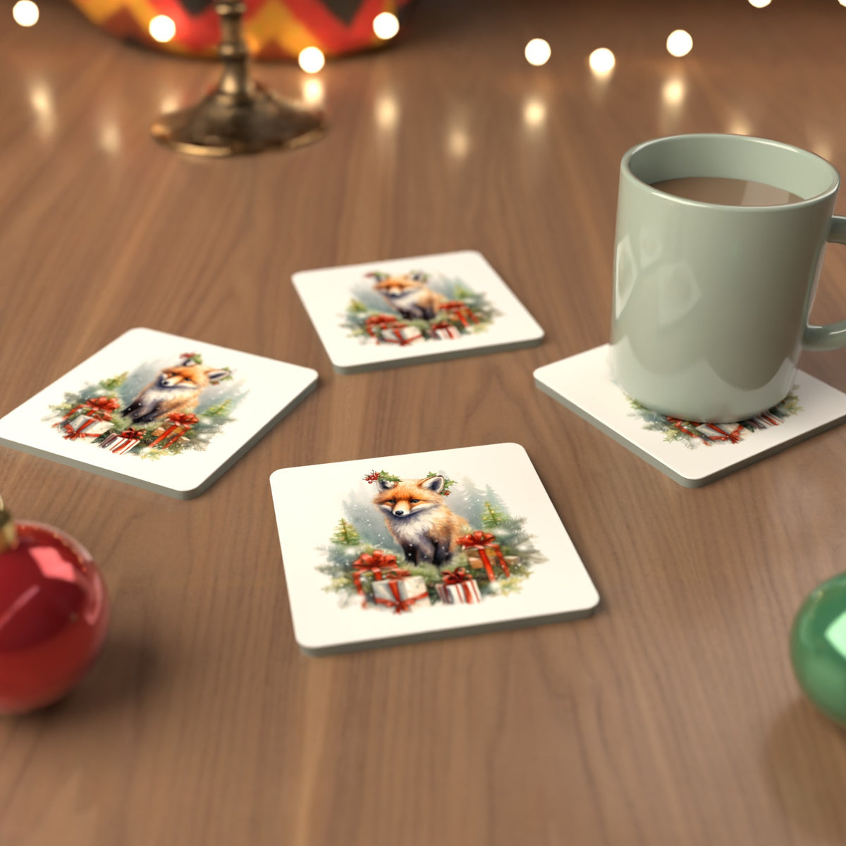 Christmas Fox with Gifts Square Glass Coasters – Set of 6 – Pre-order – lifestyle mockup 3