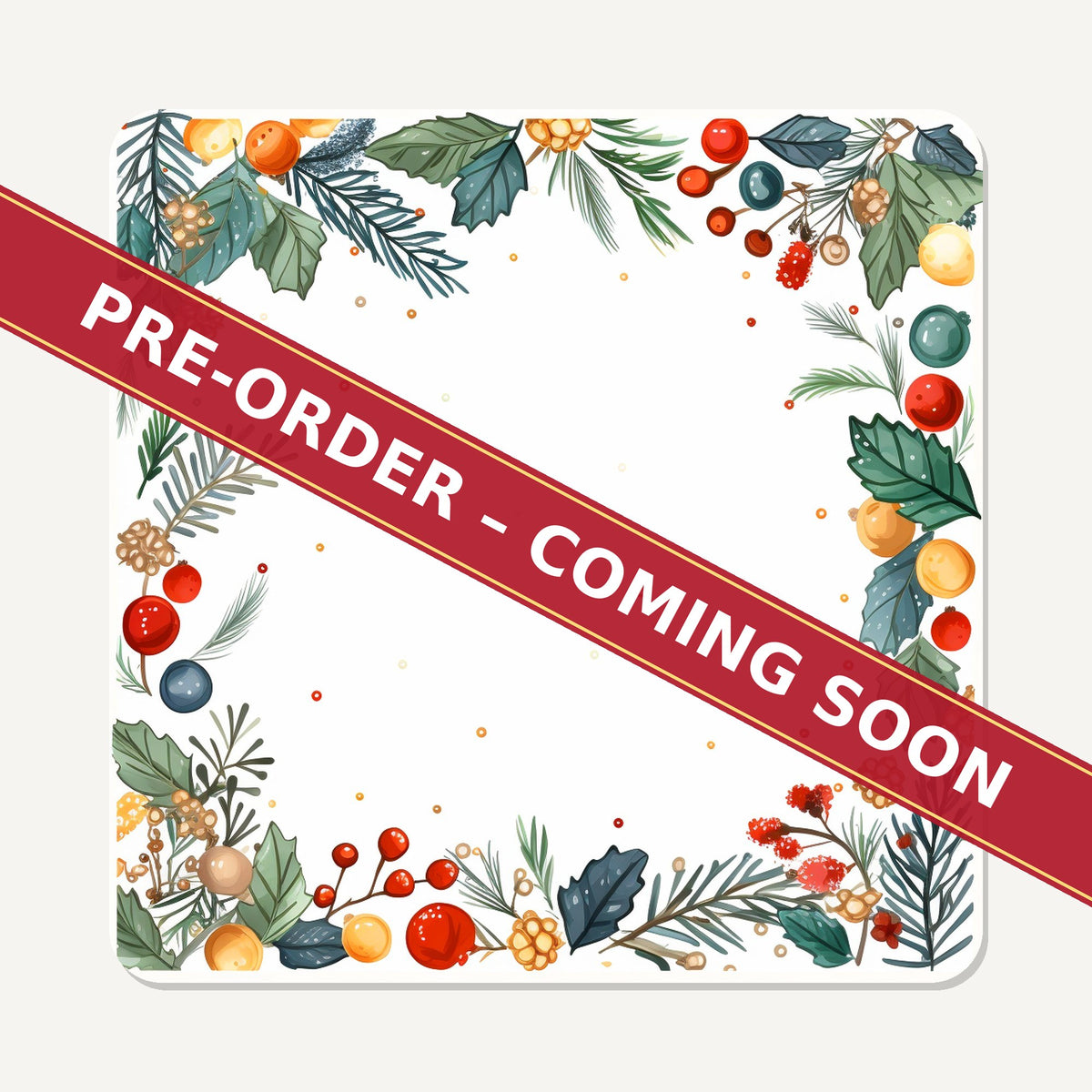 Holly & Berry Wreath square glass coaster set of 6, pre-order coming soon