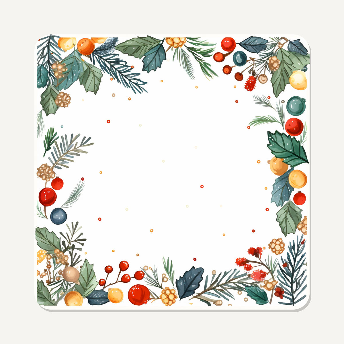 Holly & Berry Wreath – the flat artwork printed on these square glass coasters