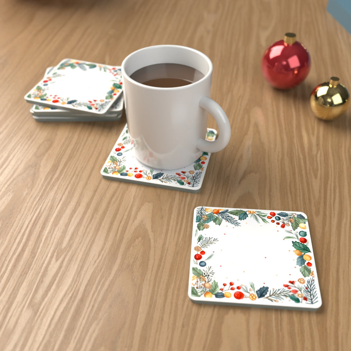 Holly & Berry Wreath Square Glass Coasters – Set of 6 – Pre-order – lifestyle mockup 1