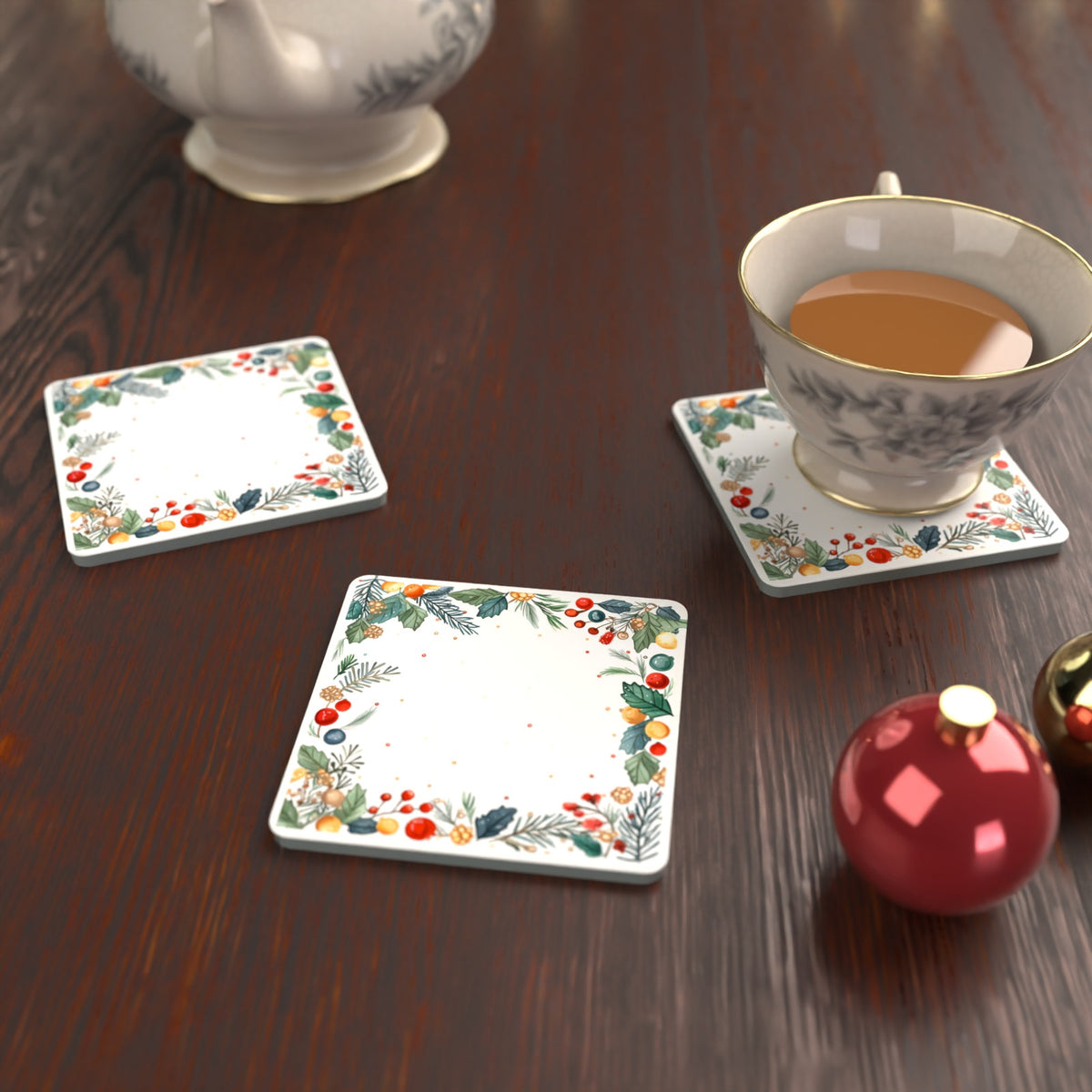 Holly & Berry Wreath Square Glass Coasters – Set of 6 – Pre-order – lifestyle mockup 2