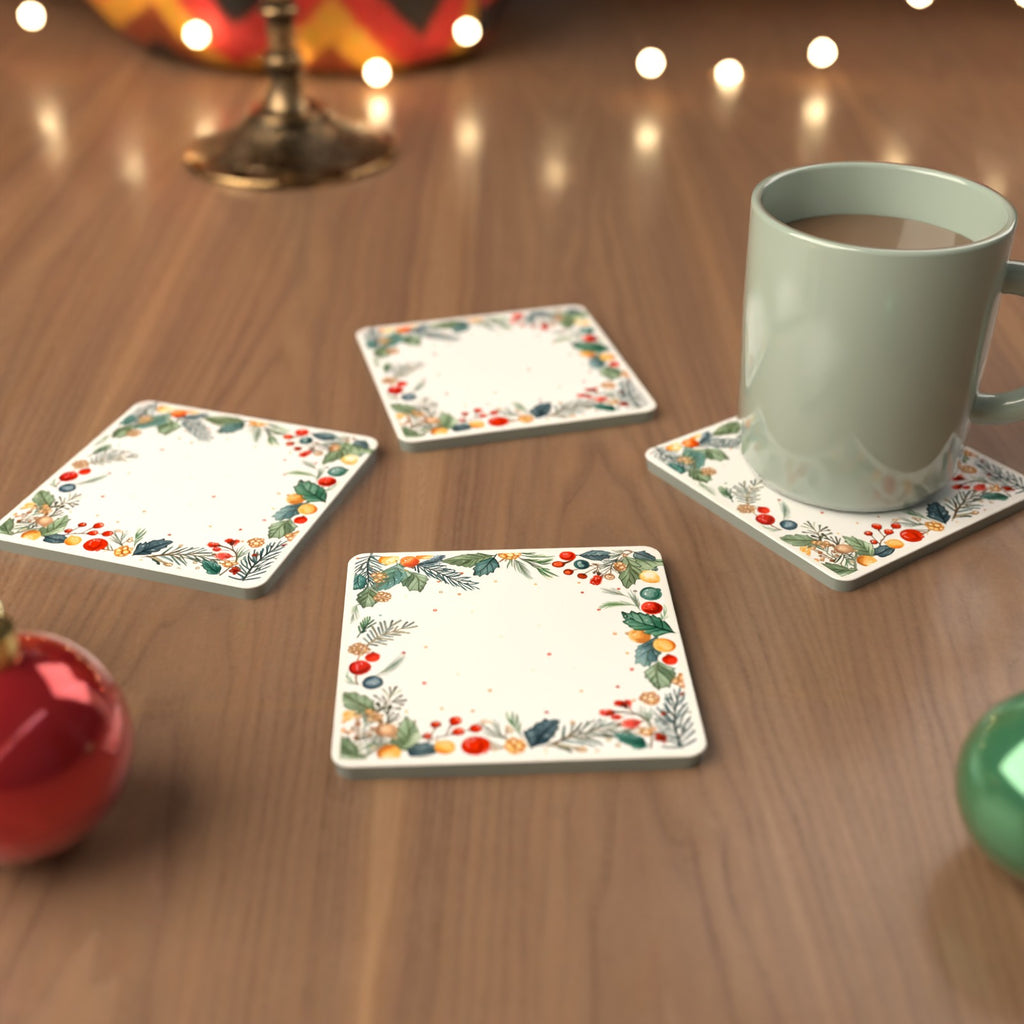 Holly & Berry Wreath Square Glass Coasters – Set of 6 – Pre-order – lifestyle mockup 3