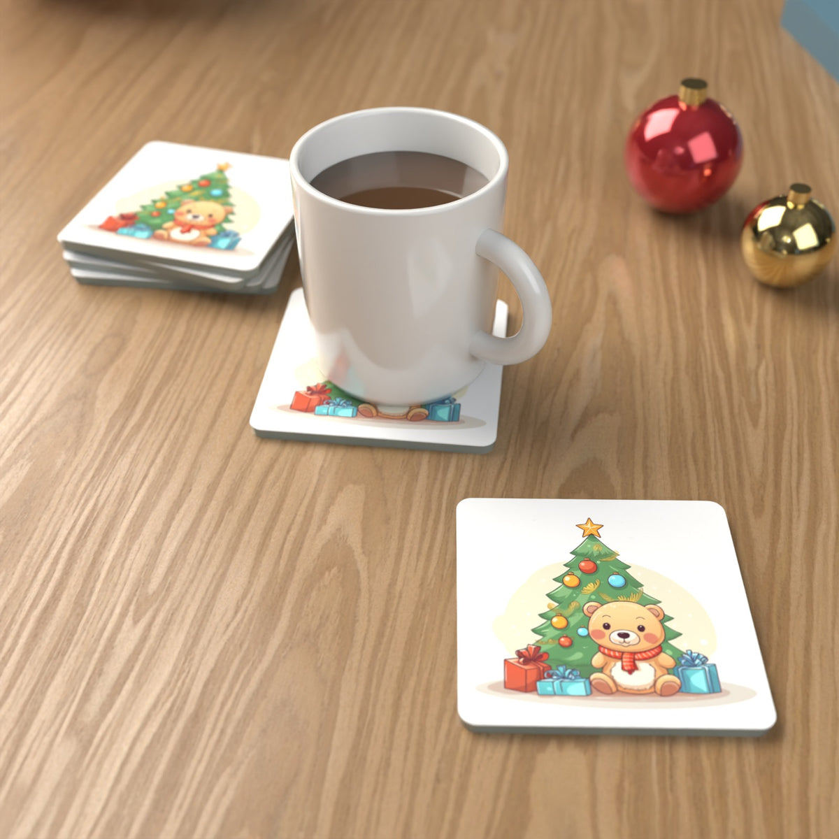 Teddy Under the Tree Square Glass Coasters – Set of 6 – Pre-order – lifestyle mockup 1