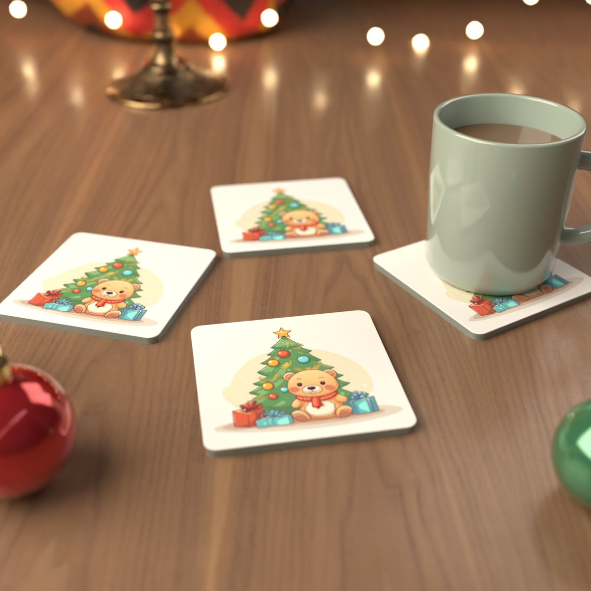 Teddy Under the Tree Square Glass Coasters – Set of 6 – Pre-order – lifestyle mockup 3