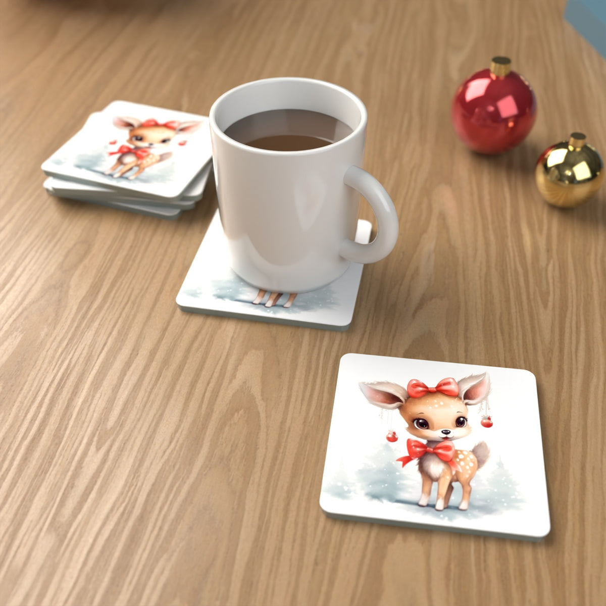 Christmas Fawn Square Glass Coasters – Set of 6 – Pre-order – lifestyle mockup 1