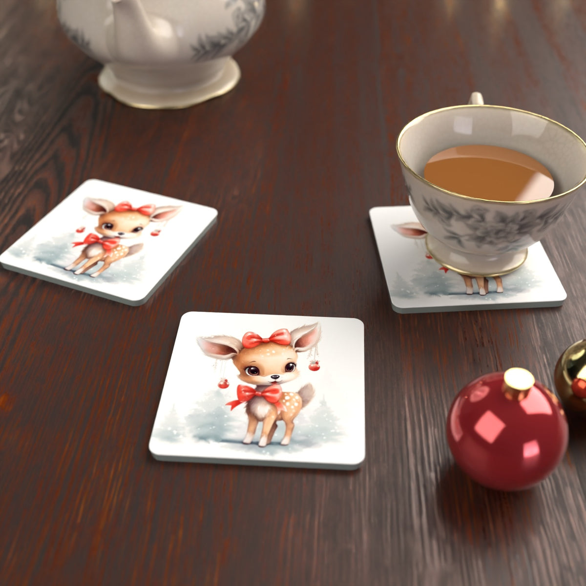 Christmas Fawn Square Glass Coasters – Set of 6 – Pre-order – lifestyle mockup 2