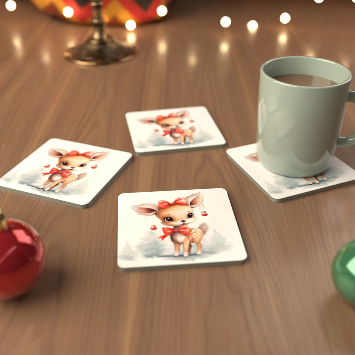 Christmas Fawn Square Glass Coasters – Set of 6 – Pre-order – lifestyle mockup 3