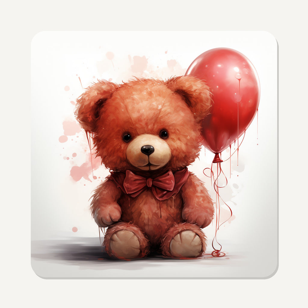 Teddy Bear with Balloon – the flat artwork printed on these square glass coasters