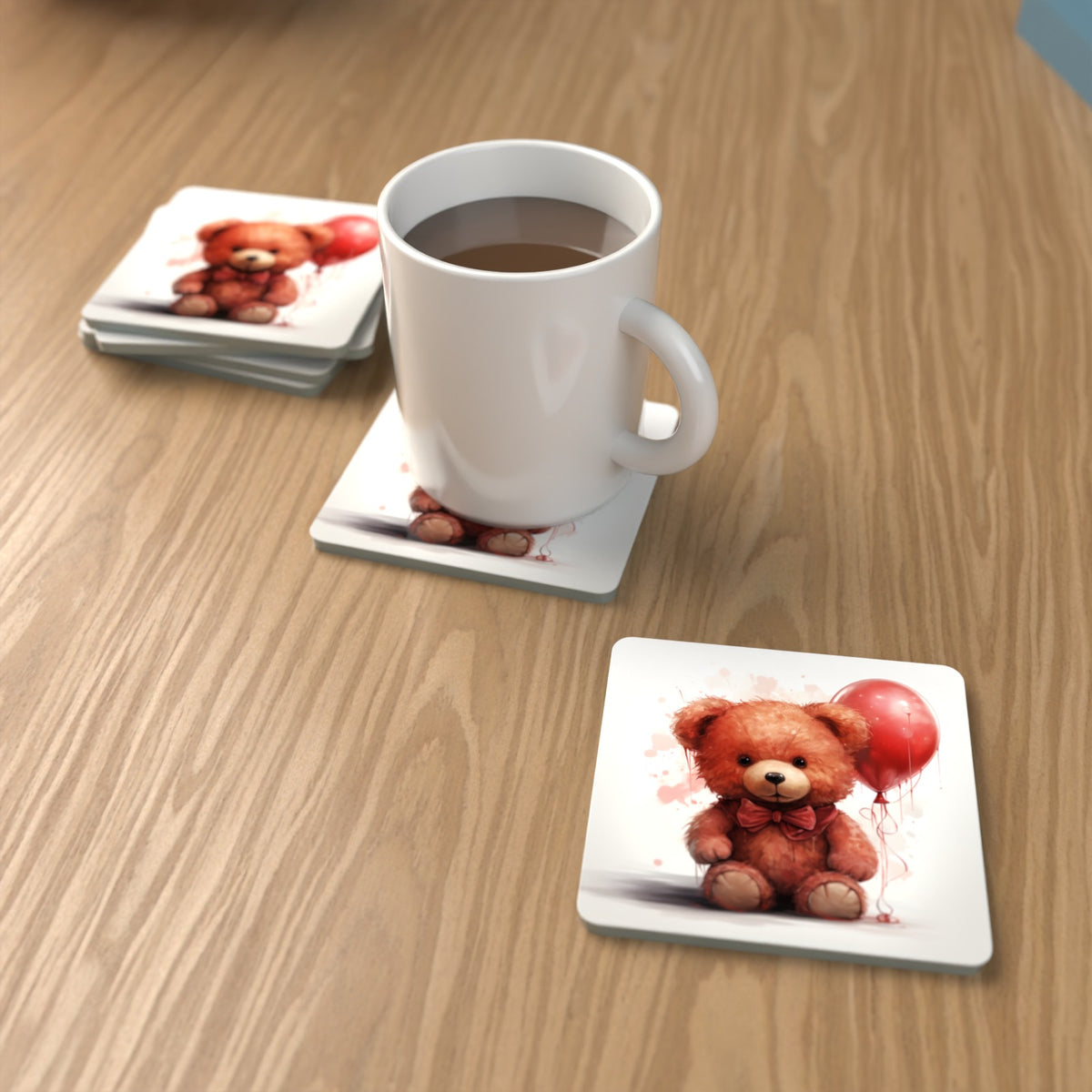 Teddy Bear with Balloon Square Glass Coasters – Set of 6 – Pre-order – lifestyle mockup 1