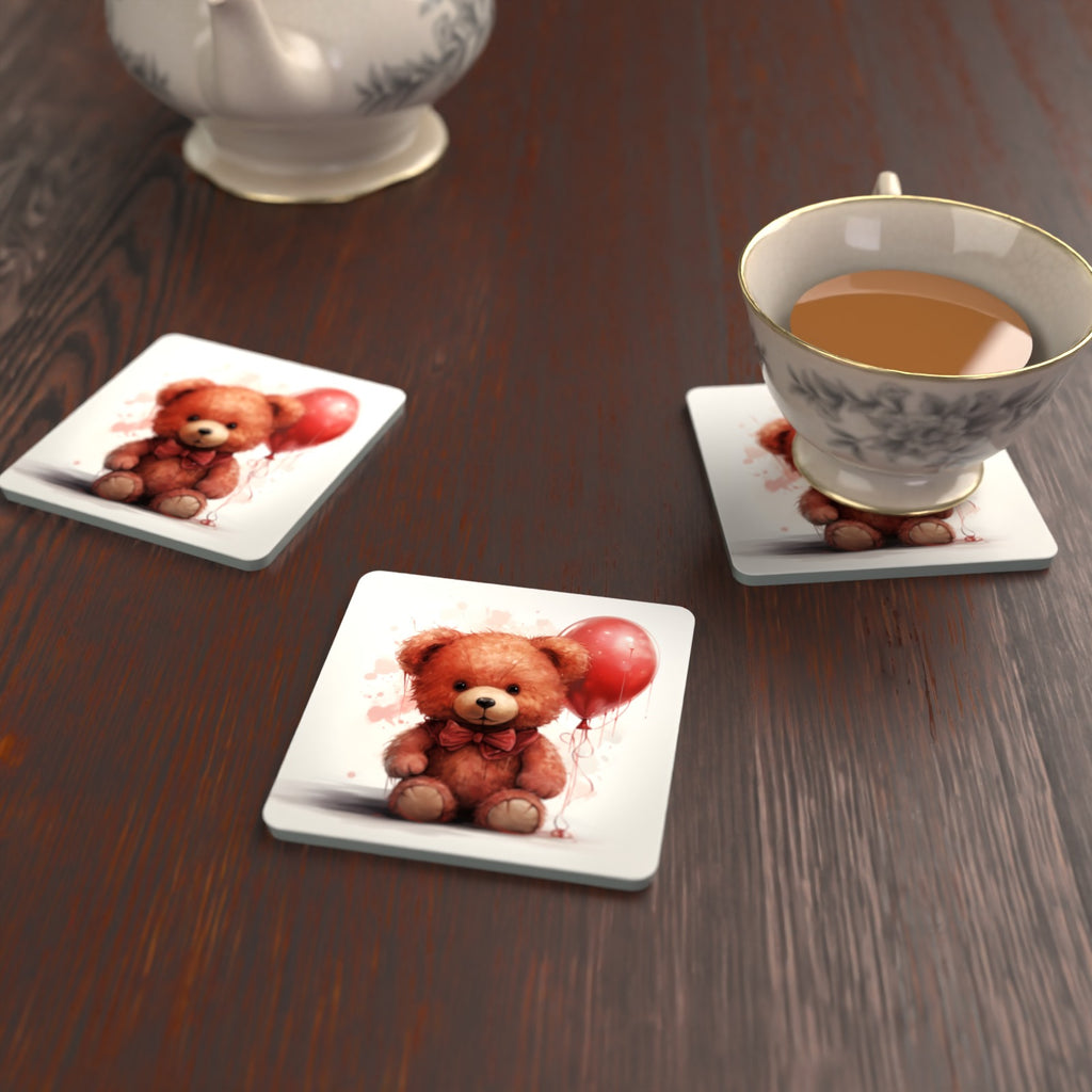 Teddy Bear with Balloon Square Glass Coasters – Set of 6 – Pre-order – lifestyle mockup 2