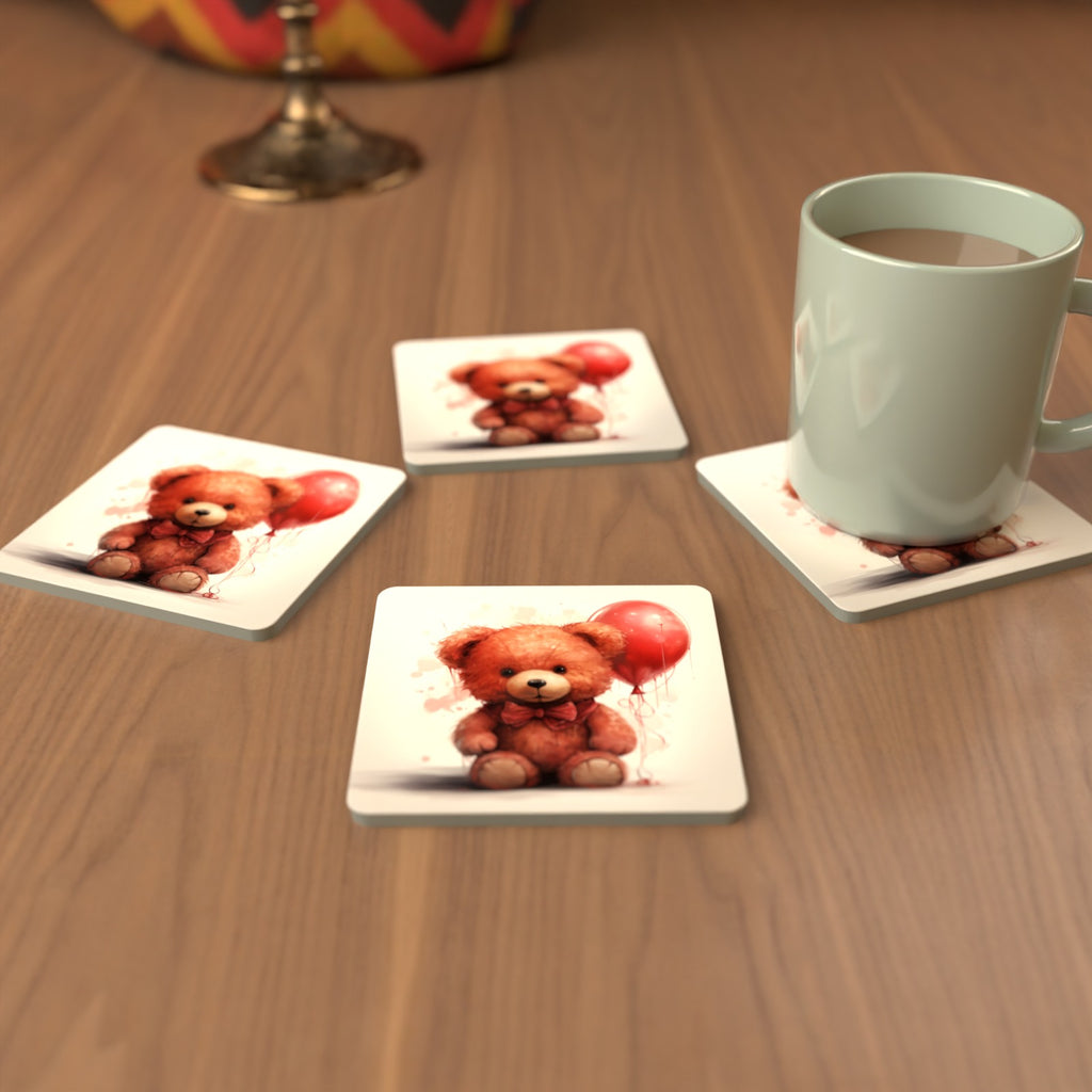 Teddy Bear with Balloon Square Glass Coasters – Set of 6 – Pre-order – lifestyle mockup 3