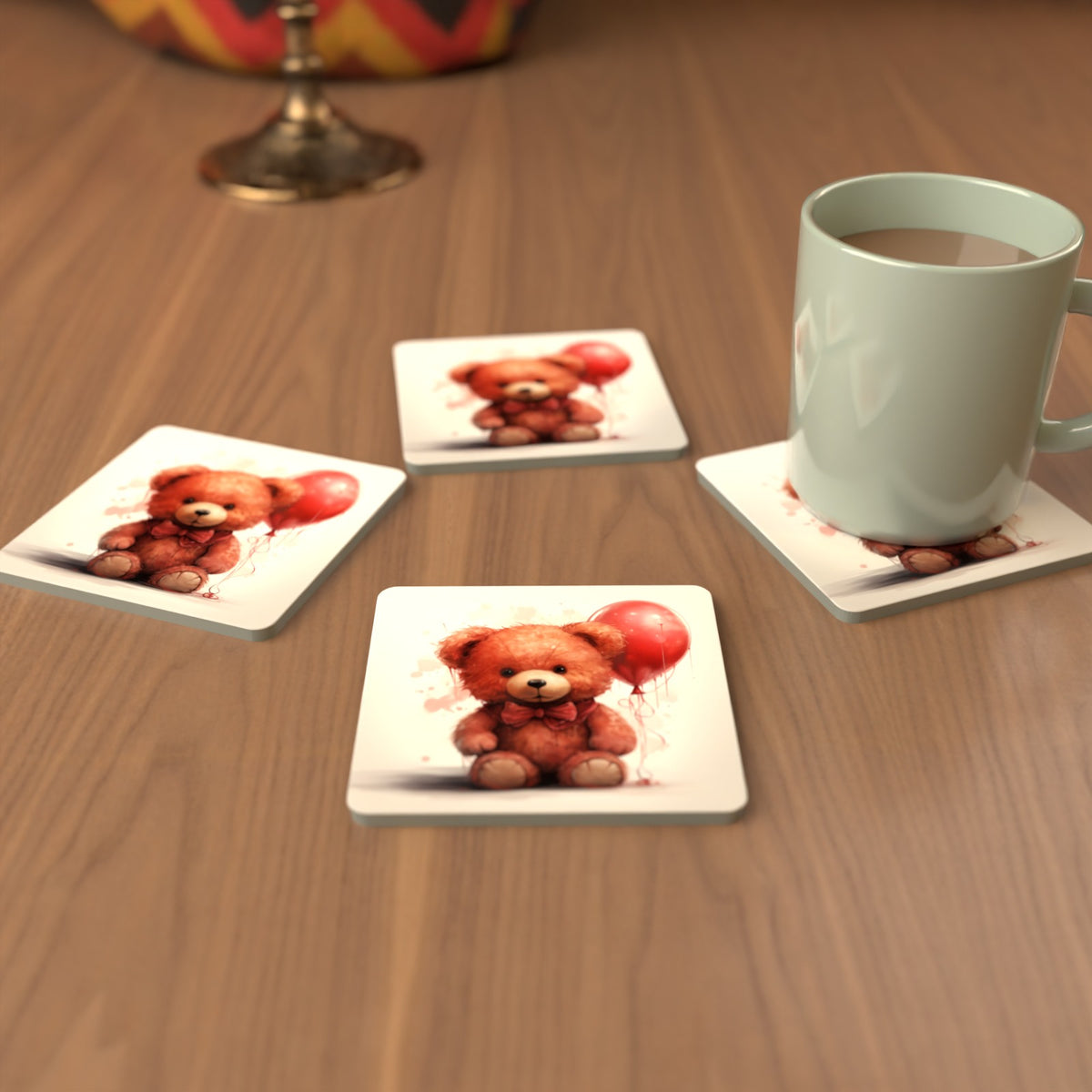 Teddy Bear with Balloon Square Glass Coasters – Set of 6 – Pre-order – lifestyle mockup 3