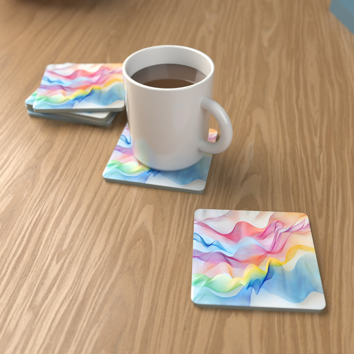 Pastel Aurora Waves Square Glass Coasters – Set of 6 – Pre-order – lifestyle mockup 1