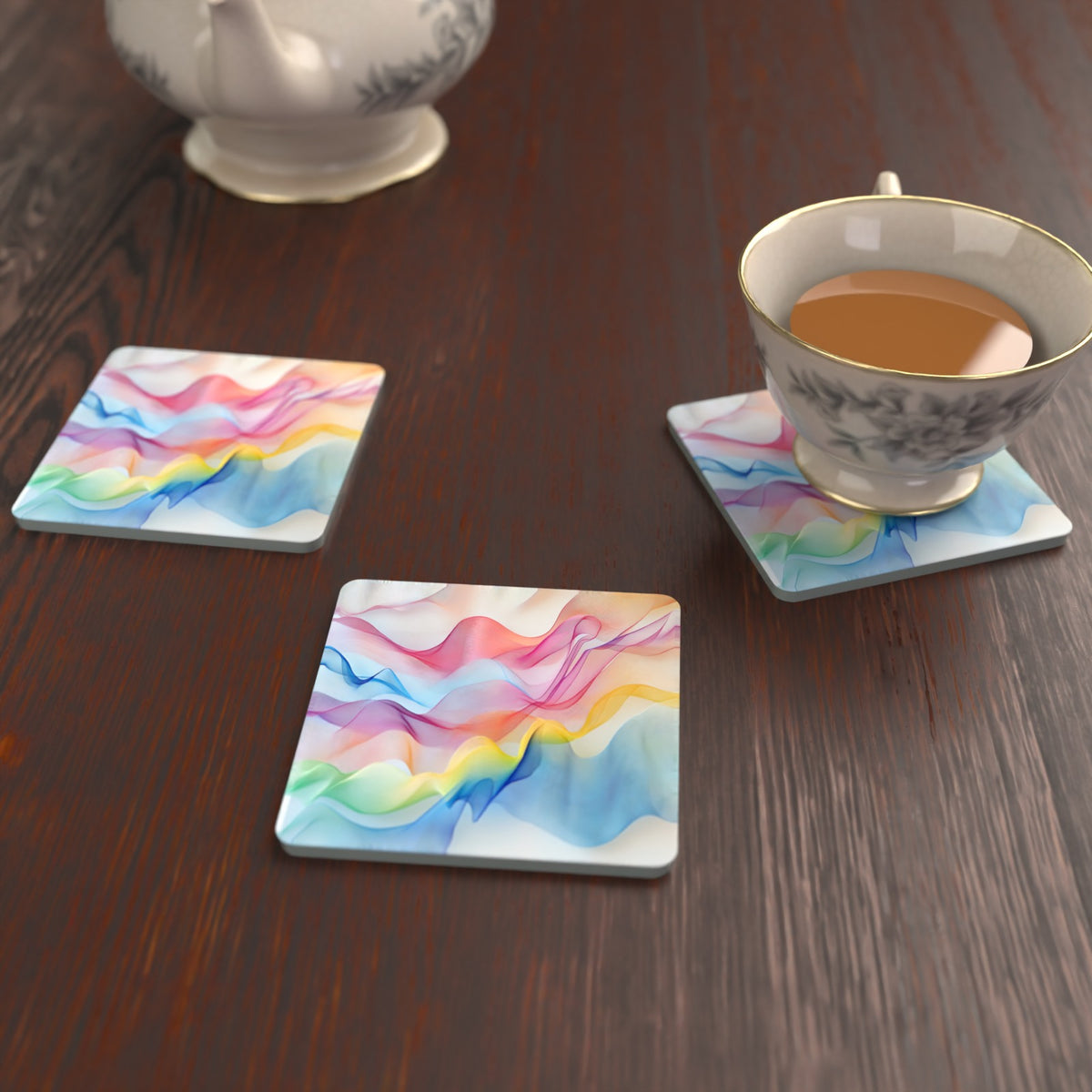 Pastel Aurora Waves Square Glass Coasters – Set of 6 – Pre-order – lifestyle mockup 2