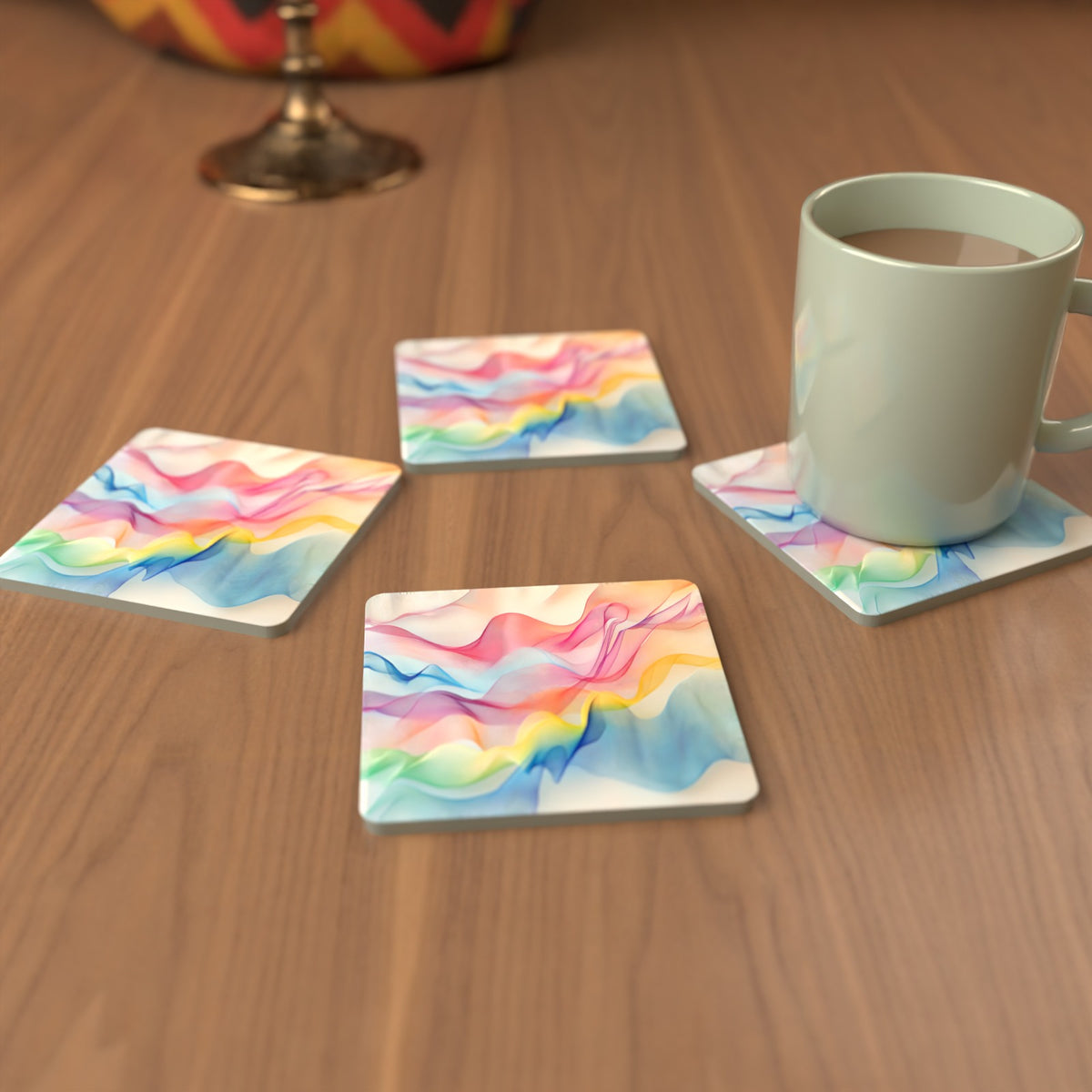 Pastel Aurora Waves Square Glass Coasters – Set of 6 – Pre-order – lifestyle mockup 3