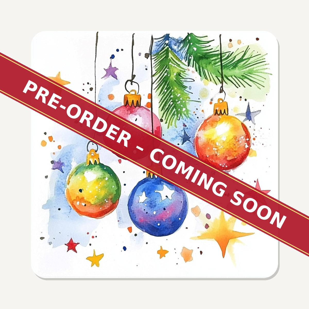 Watercolour Christmas Baubles square glass coaster set of 6, pre-order coming soon