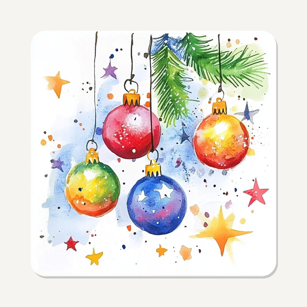 Watercolour Christmas Baubles – the flat artwork printed on these square glass coasters
