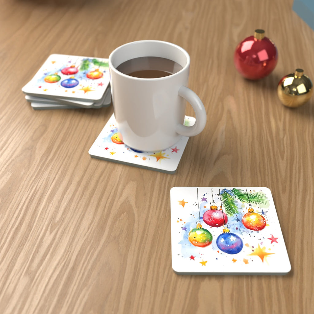 Watercolour Christmas Baubles Square Glass Coasters – Set of 6 – Pre-order – lifestyle mockup 1
