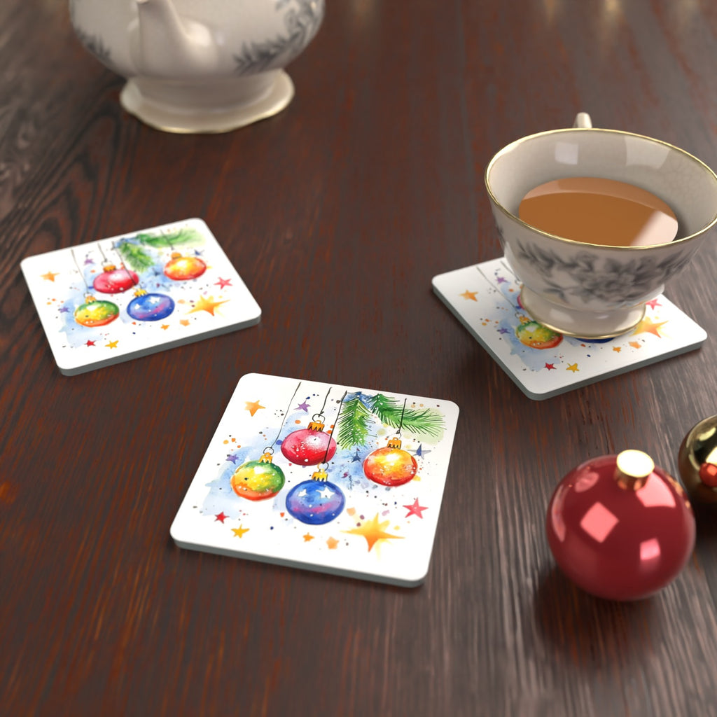 Watercolour Christmas Baubles Square Glass Coasters – Set of 6 – Pre-order – lifestyle mockup 2