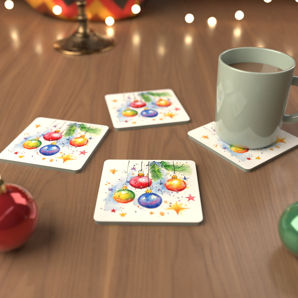 Watercolour Christmas Baubles Square Glass Coasters – Set of 6 – Pre-order – lifestyle mockup 3