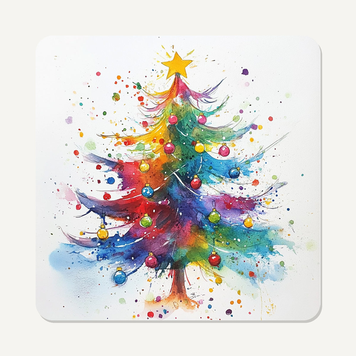 Rainbow Christmas Tree – the flat artwork printed on these square glass coasters