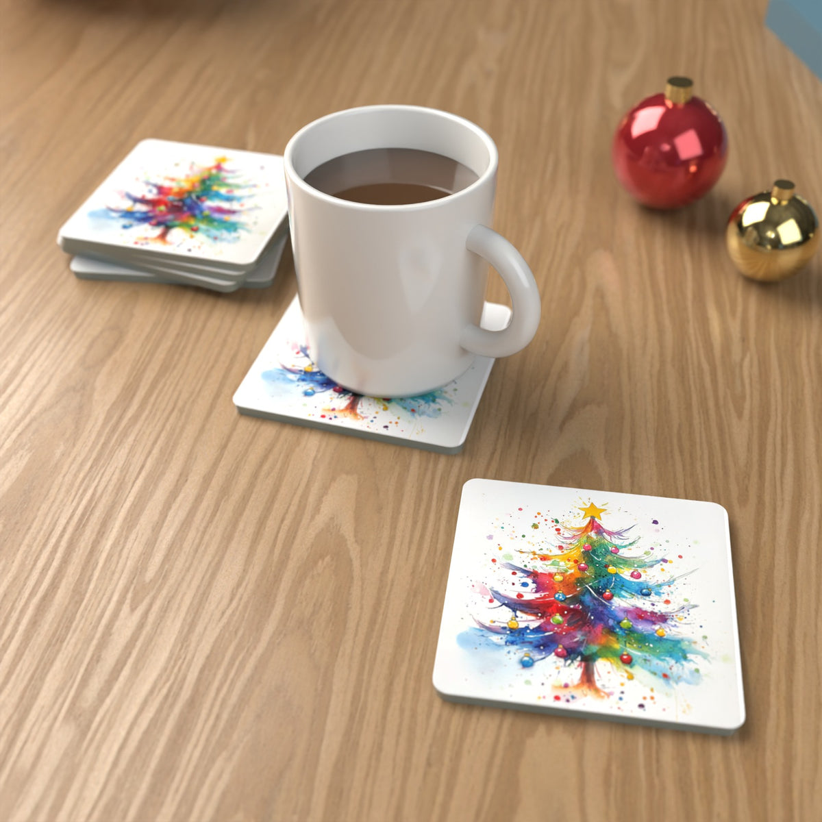 Rainbow Christmas Tree Square Glass Coasters – Set of 6 – Pre-order – lifestyle mockup 1