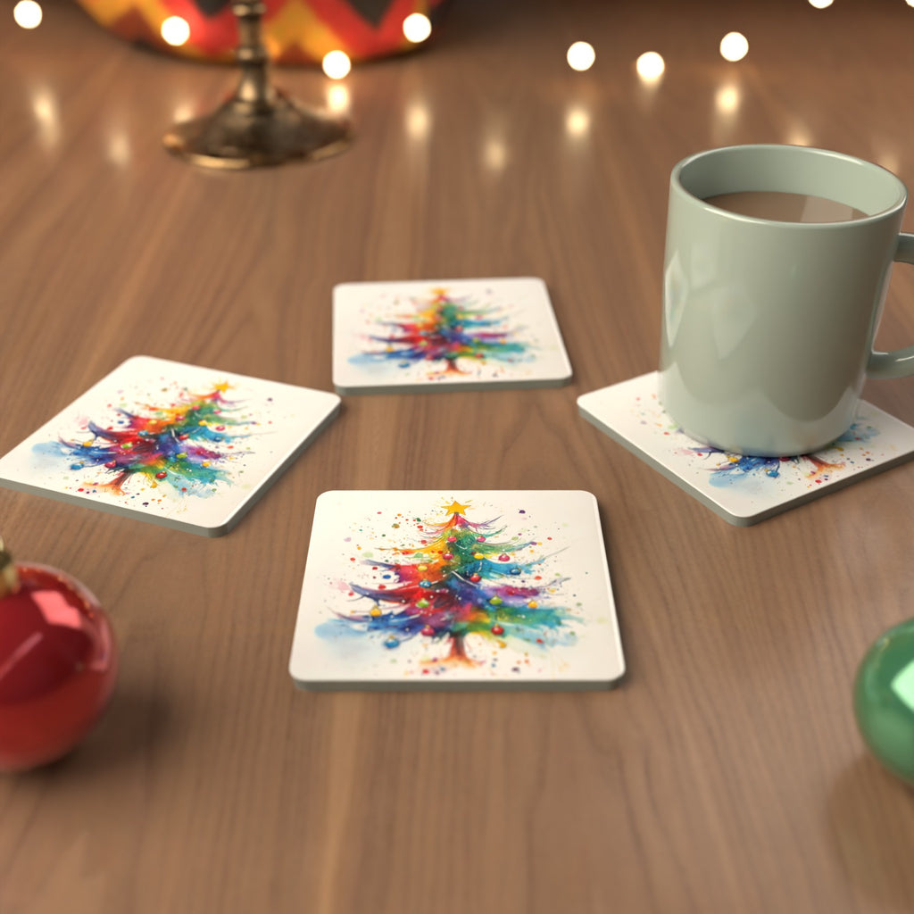 Rainbow Christmas Tree Square Glass Coasters – Set of 6 – Pre-order – lifestyle mockup 3