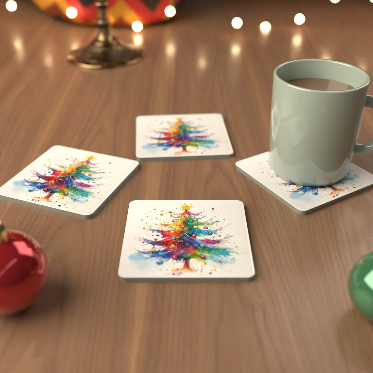 Rainbow Christmas Tree Square Glass Coasters – Set of 6 – Pre-order – lifestyle mockup 3