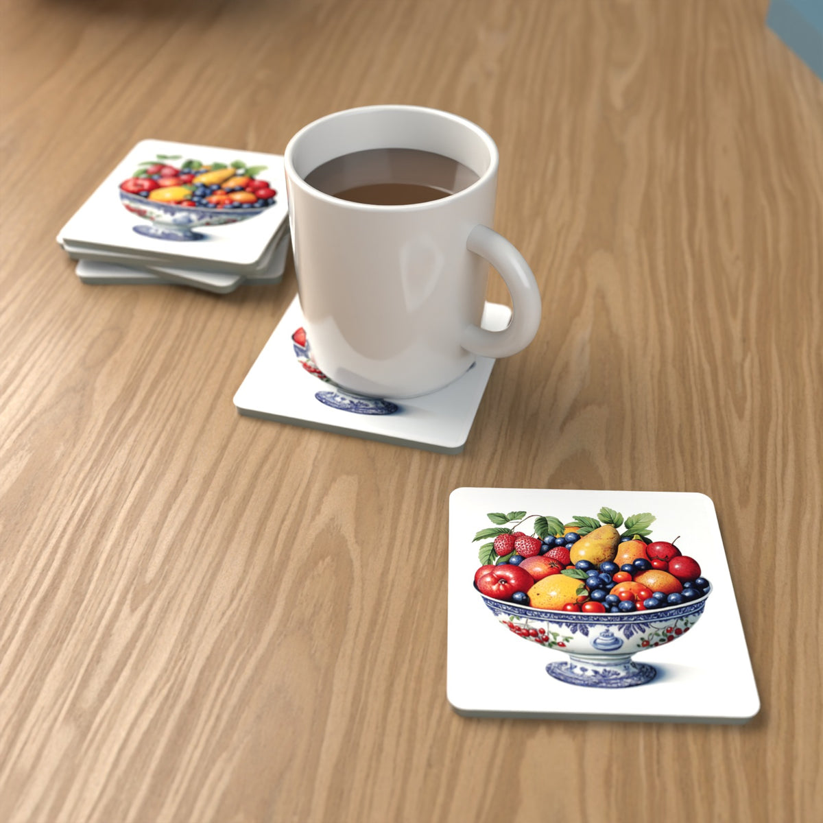 Delft Fruit Bowl Square Glass Coasters – Set of 6 – Pre-order – lifestyle mockup 1