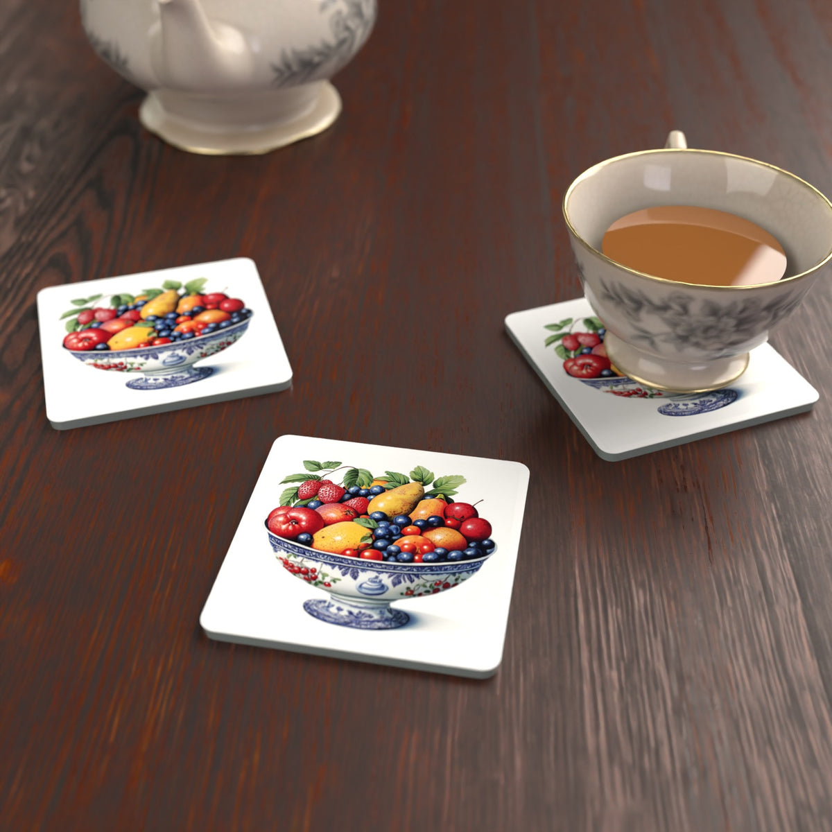 Delft Fruit Bowl Square Glass Coasters – Set of 6 – Pre-order – lifestyle mockup 2