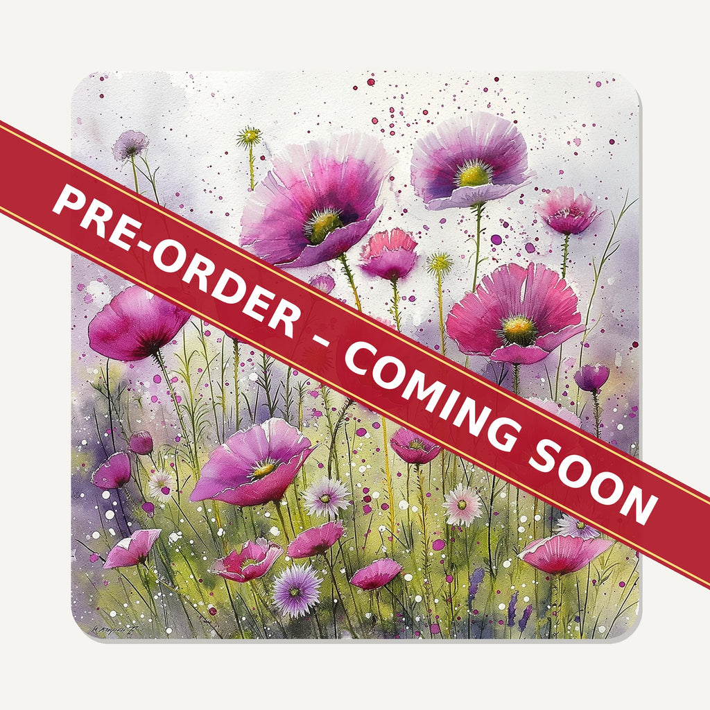 Pink Cosmos Meadow square glass coaster set of 6, pre-order coming soon