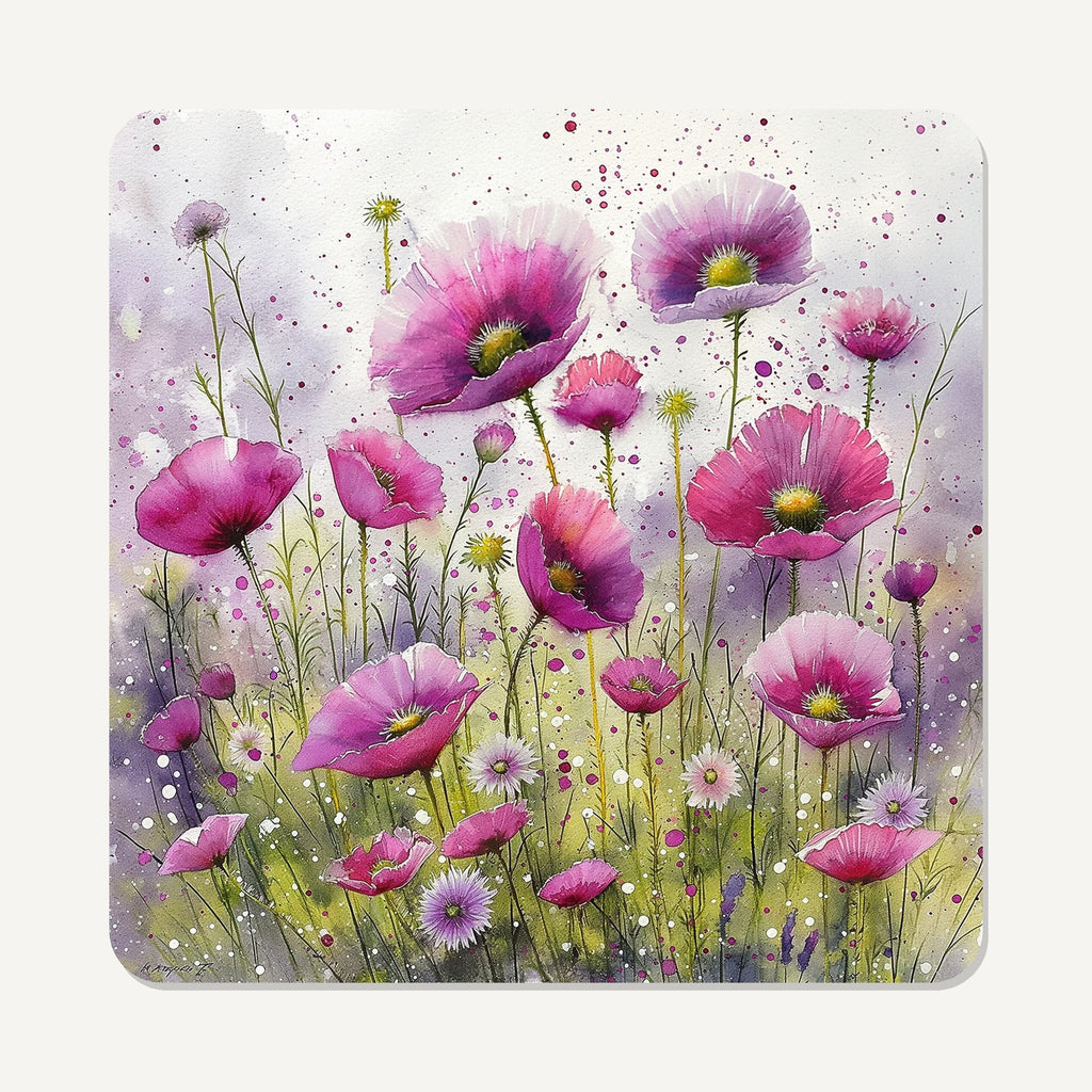 Pink Cosmos Meadow – the flat artwork printed on these square glass coasters