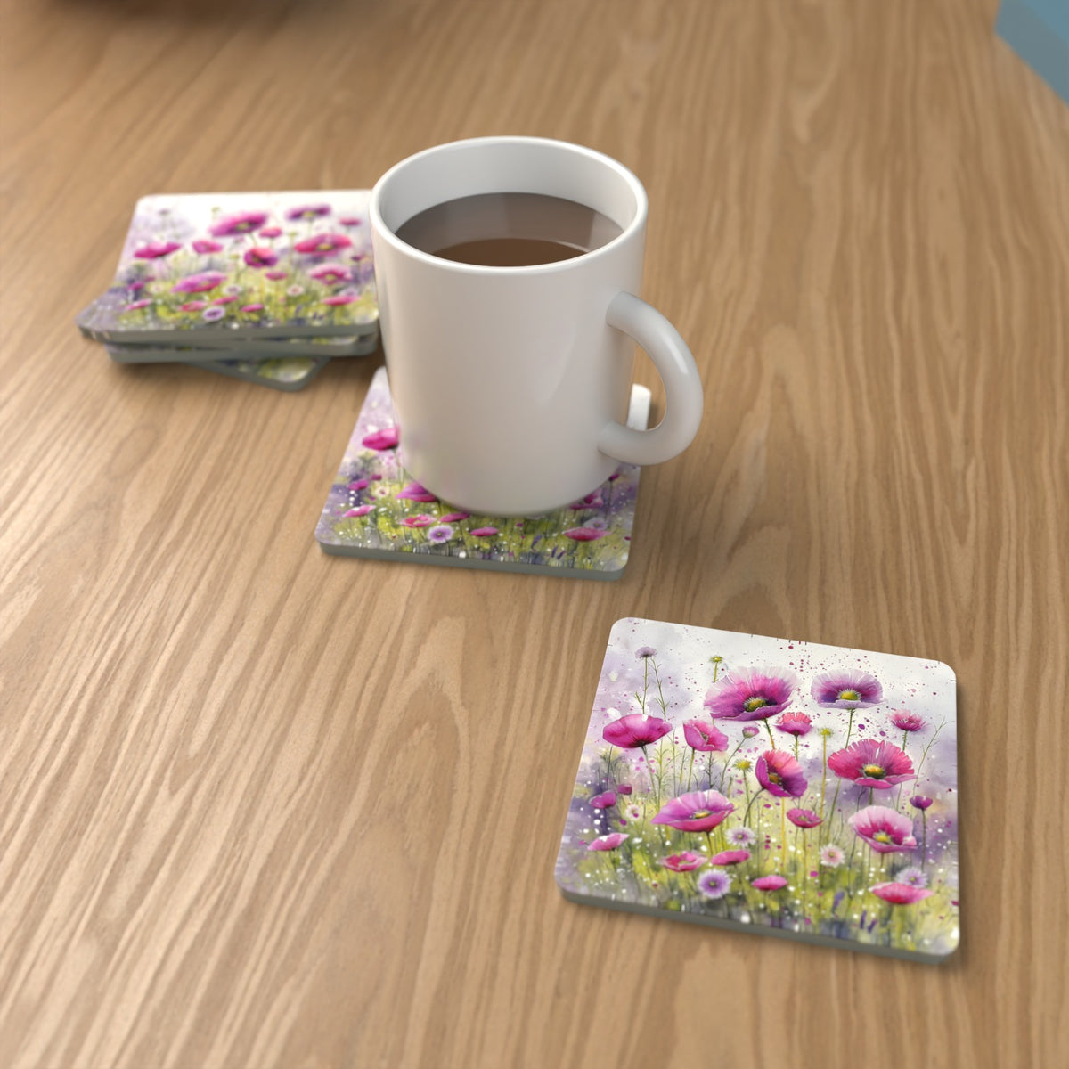 Pink Cosmos Meadow Square Glass Coasters – Set of 6 – Pre-order – lifestyle mockup 1