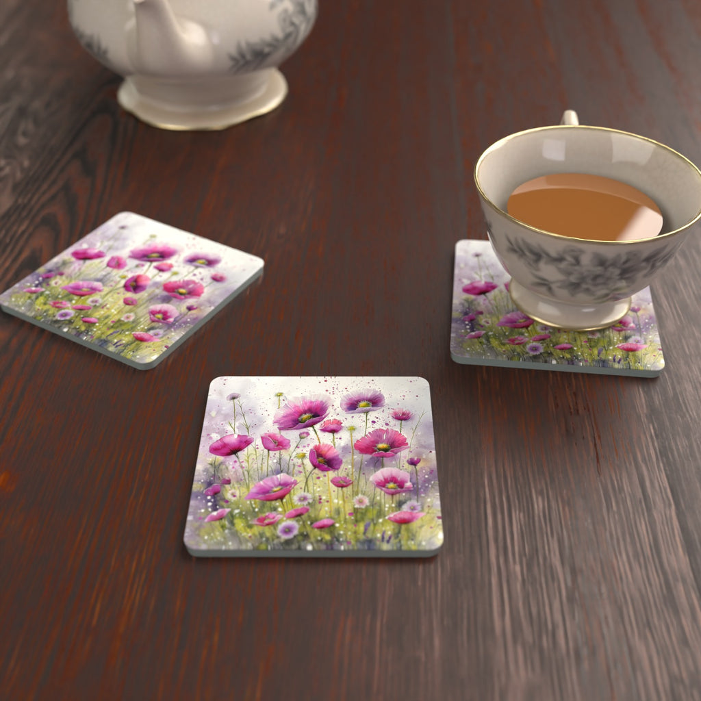 Pink Cosmos Meadow Square Glass Coasters – Set of 6 – Pre-order – lifestyle mockup 2
