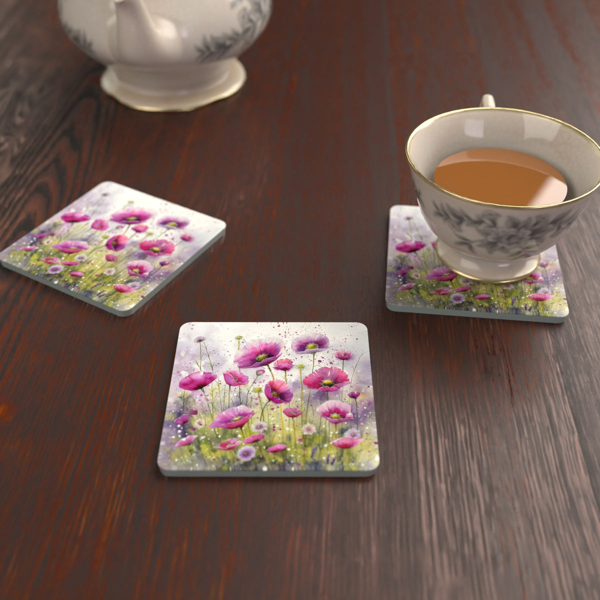 Pink Cosmos Meadow Square Glass Coasters – Set of 6 – Pre-order – lifestyle mockup 2