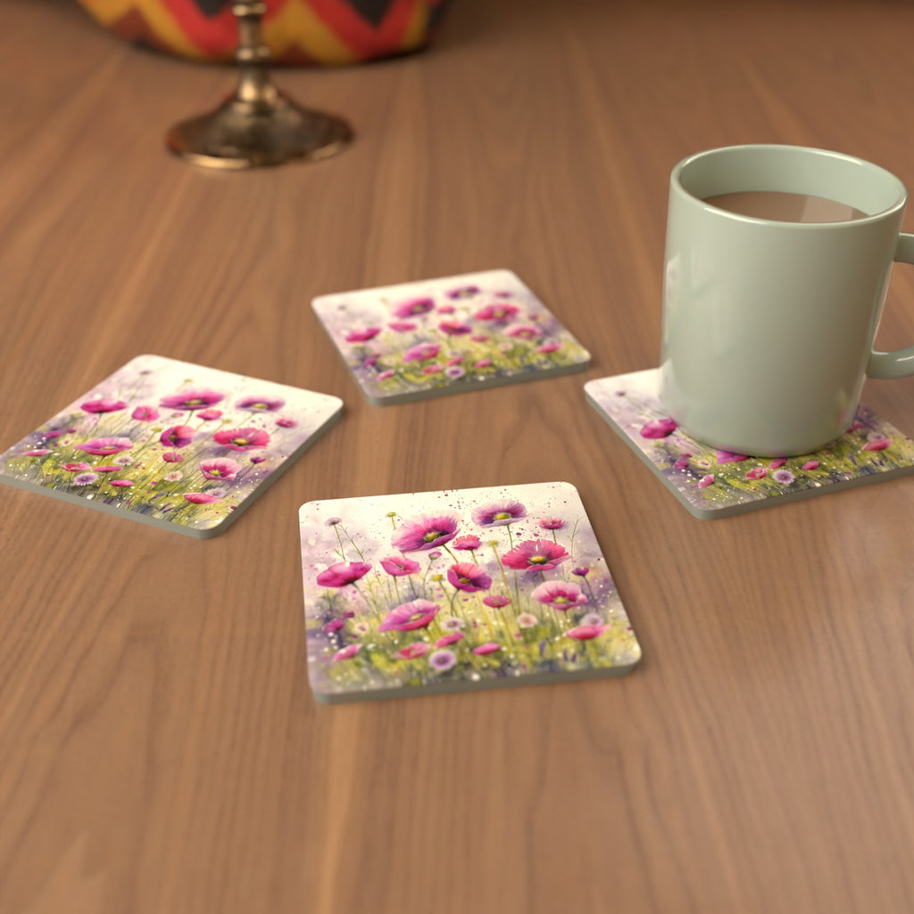 Pink Cosmos Meadow Square Glass Coasters – Set of 6 – Pre-order – lifestyle mockup 3
