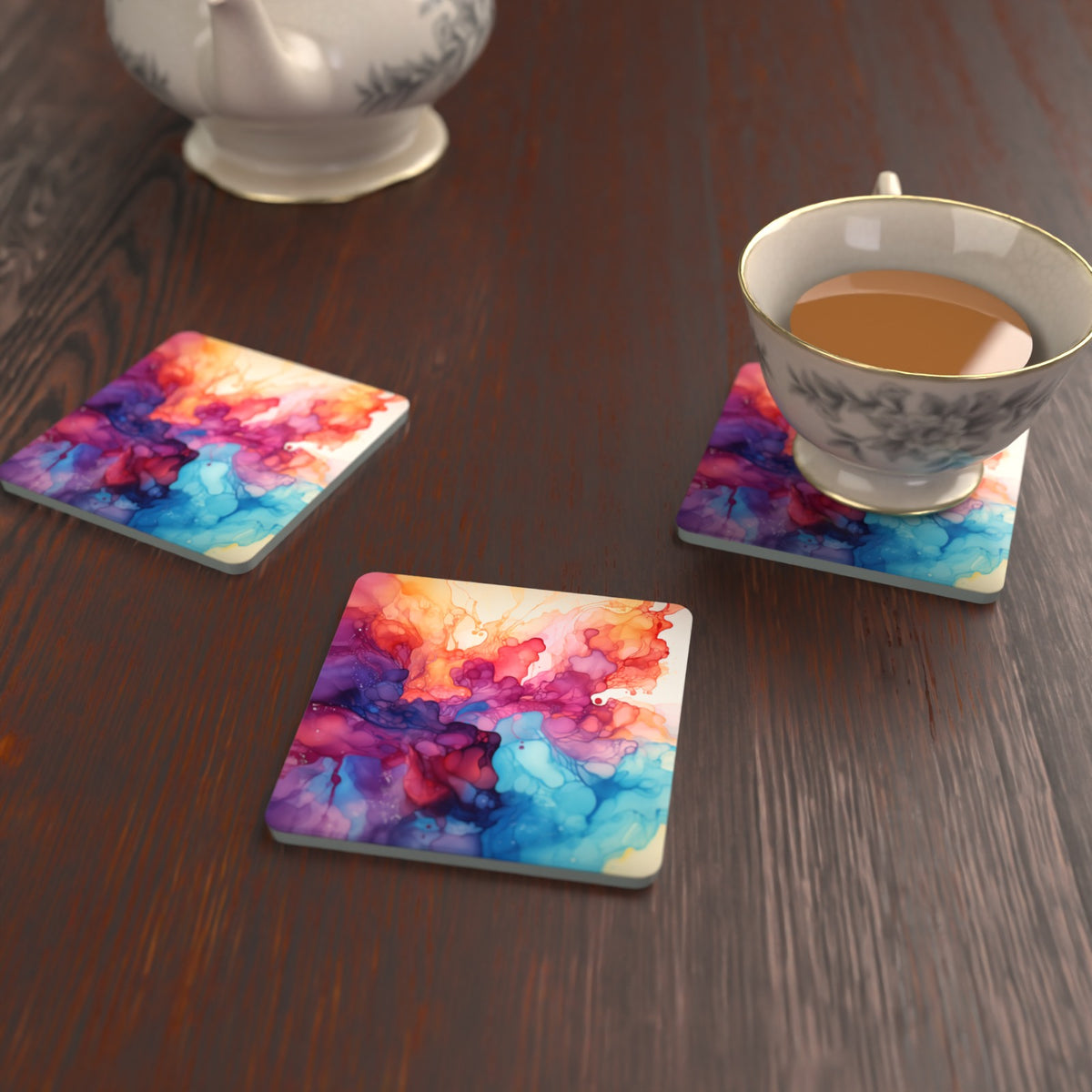Violet Alcohol Ink Square Glass Coasters – Set of 6 – Pre-order – lifestyle mockup 2