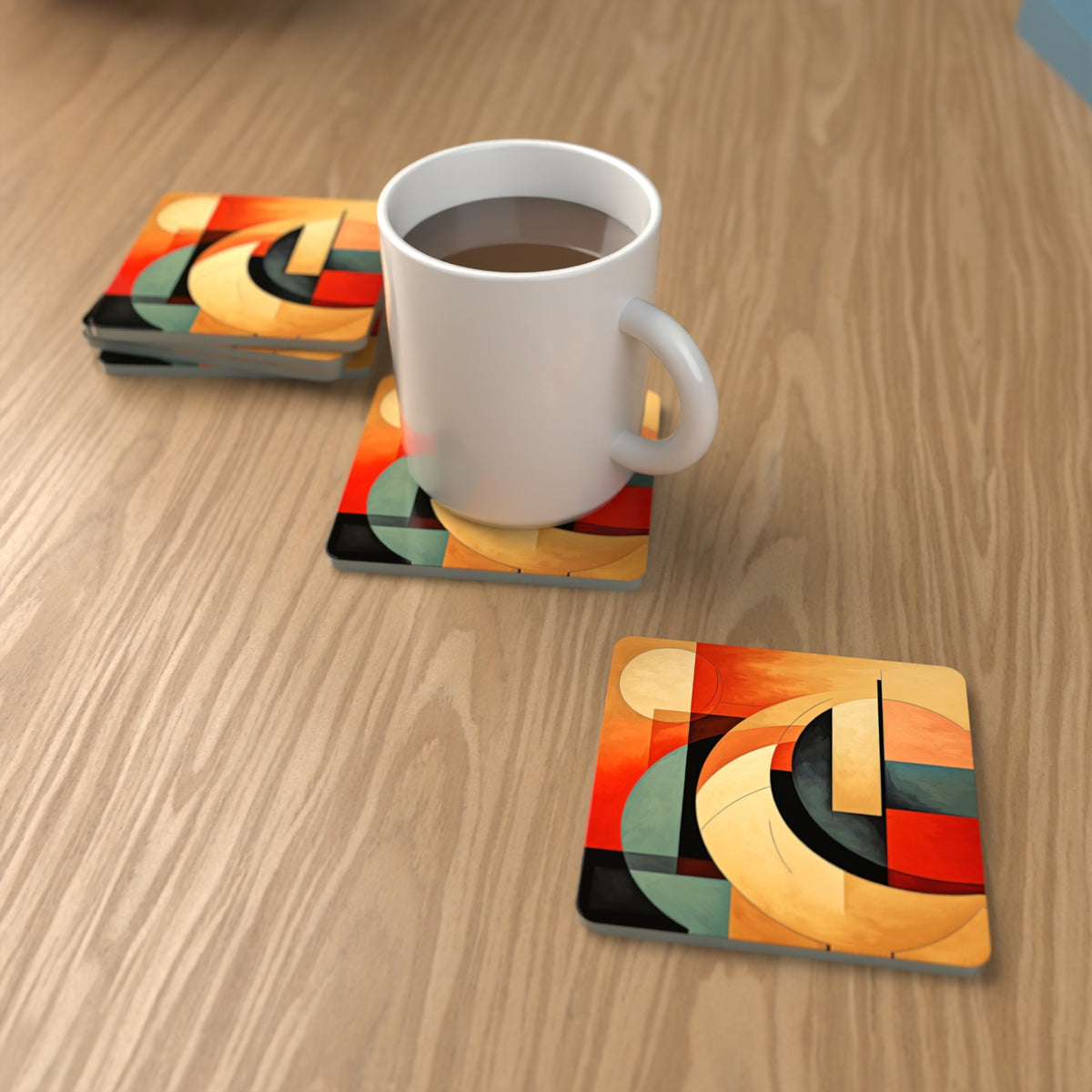 Abstract Cubist No.1 Square Glass Coasters – Set of 6 – Pre-order – lifestyle mockup 1