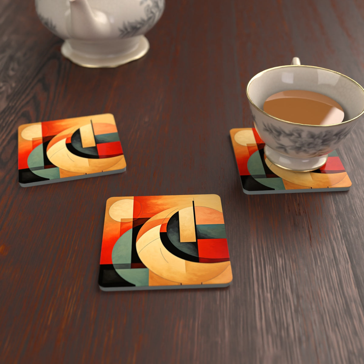 Abstract Cubist No.1 Square Glass Coasters – Set of 6 – Pre-order – lifestyle mockup 2