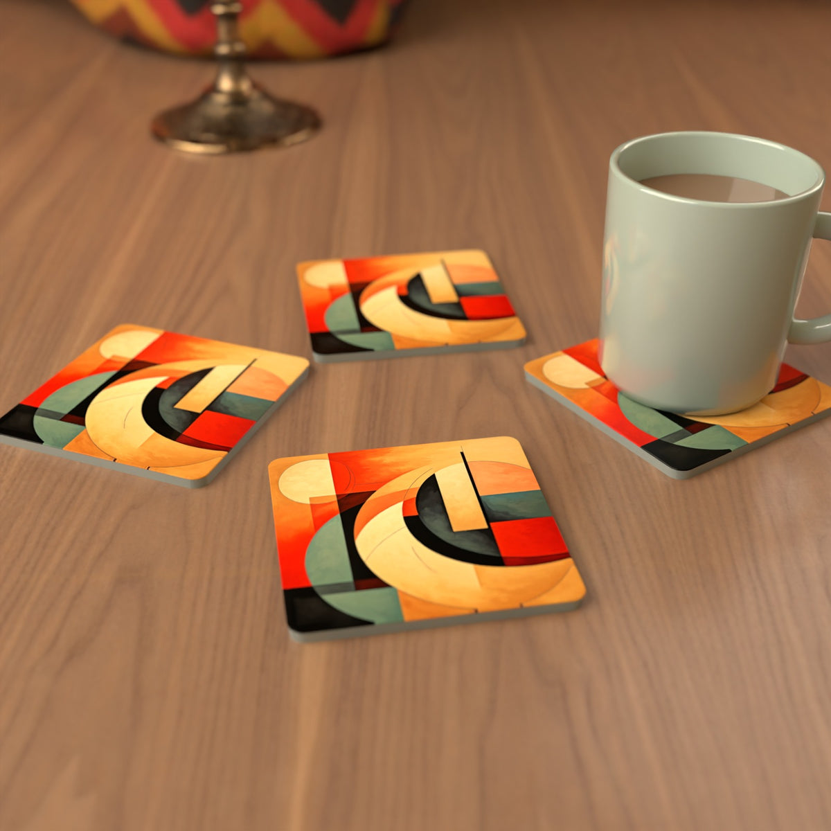 Abstract Cubist No.1 Square Glass Coasters – Set of 6 – Pre-order – lifestyle mockup 3