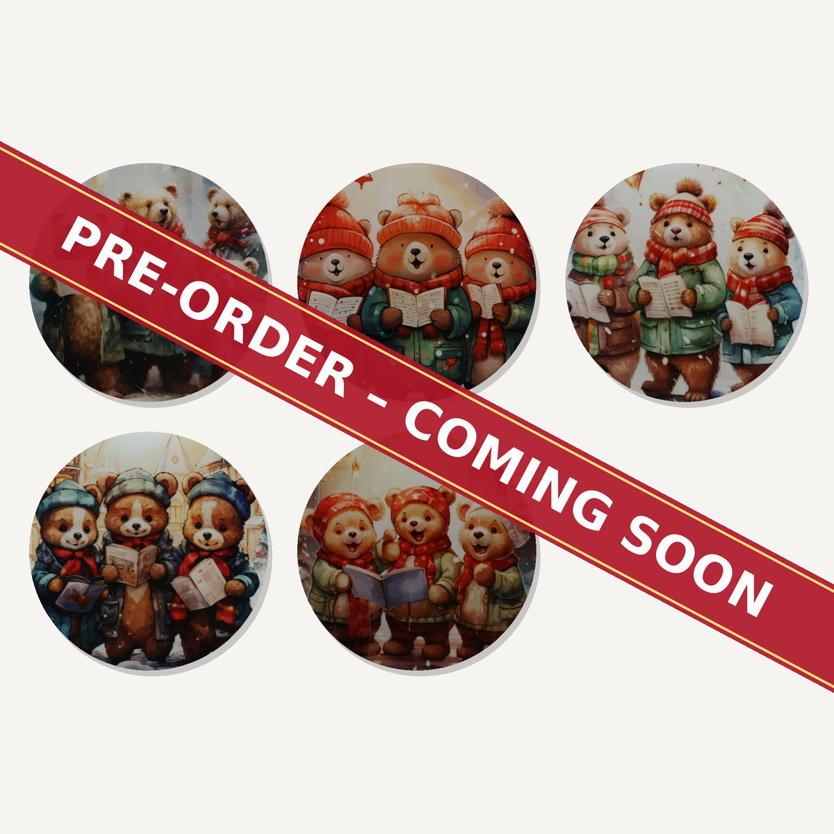 Christmas Carolling Bears round ceramic coaster set of 6, pre-order coming soon