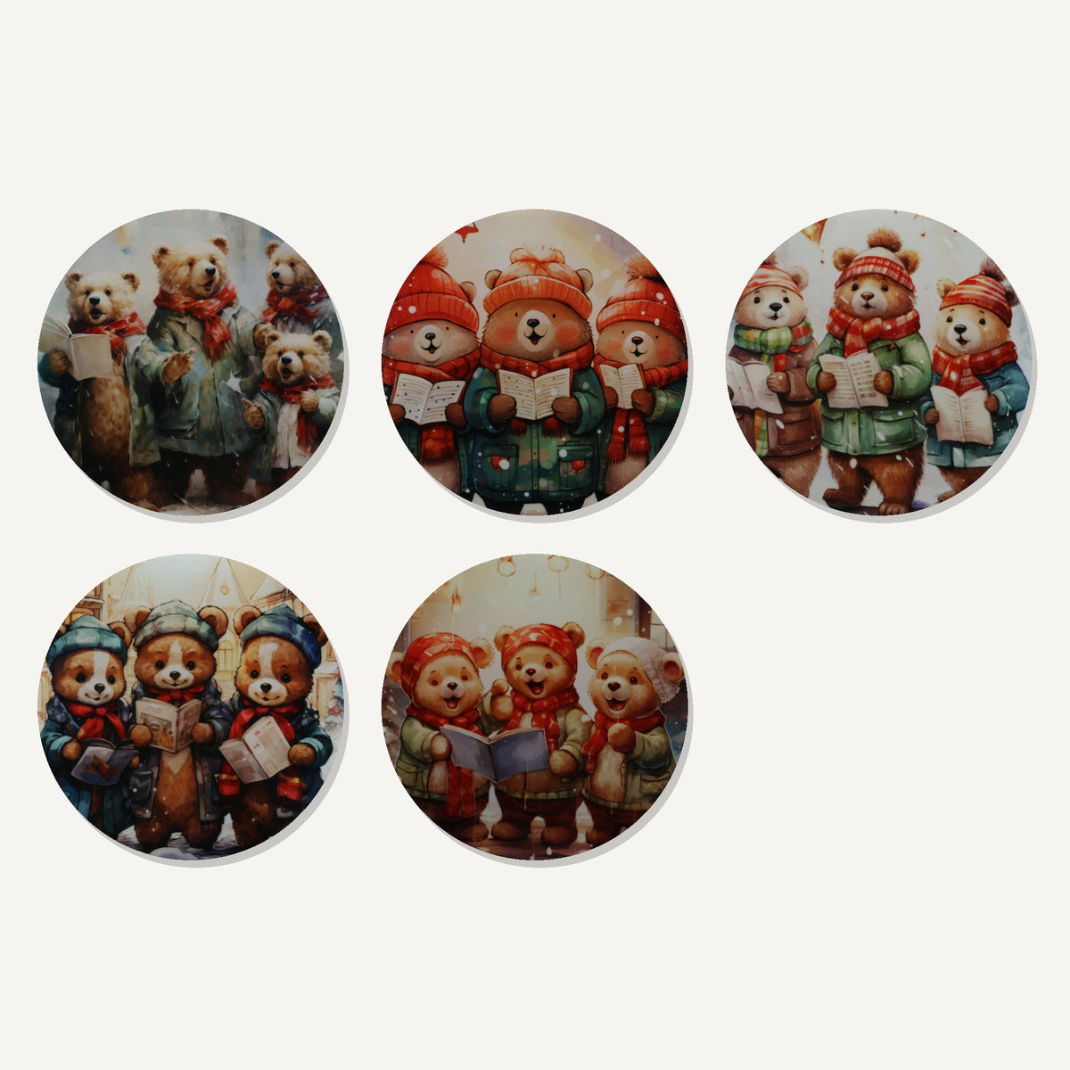 Christmas Carolling Bears – the flat artwork printed on these round ceramic coasters