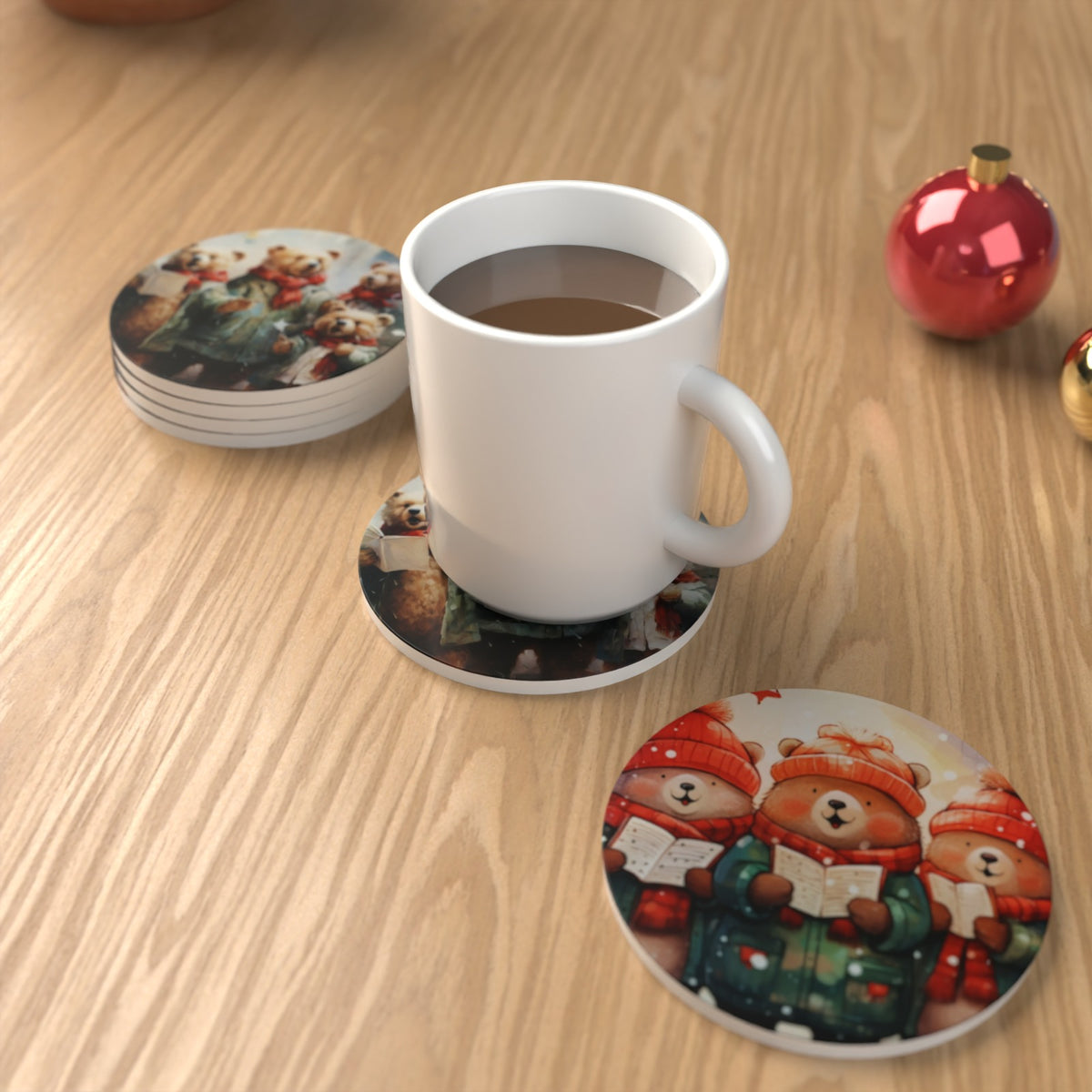 Christmas Carolling Bears Round Ceramic Coasters – Set of 6 – Pre-order – lifestyle mockup 1
