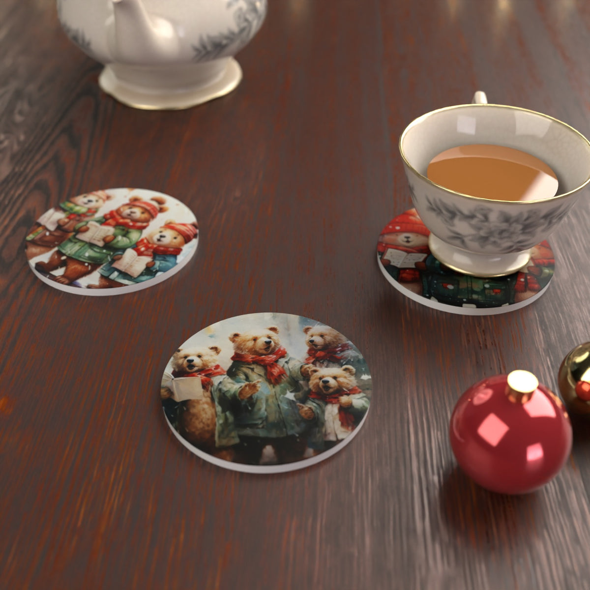Christmas Carolling Bears Round Ceramic Coasters – Set of 6 – Pre-order – lifestyle mockup 2