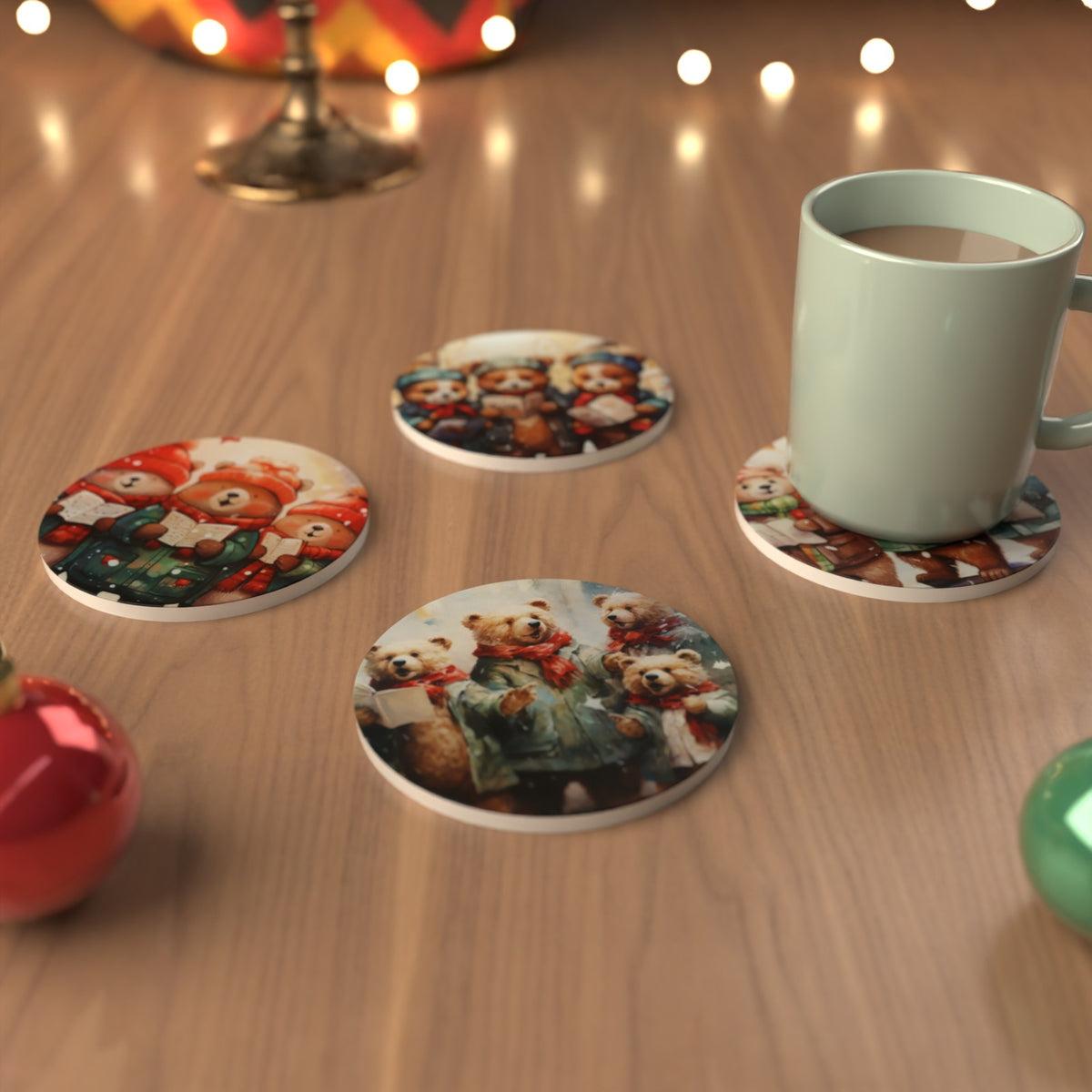 Christmas Carolling Bears Round Ceramic Coasters – Set of 6 – Pre-order – lifestyle mockup 3