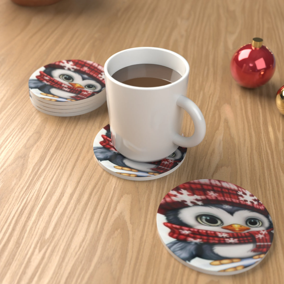 Christmas Penguins in Red Hats Round Ceramic Coasters – Set of 6 – Pre-order – lifestyle mockup 1