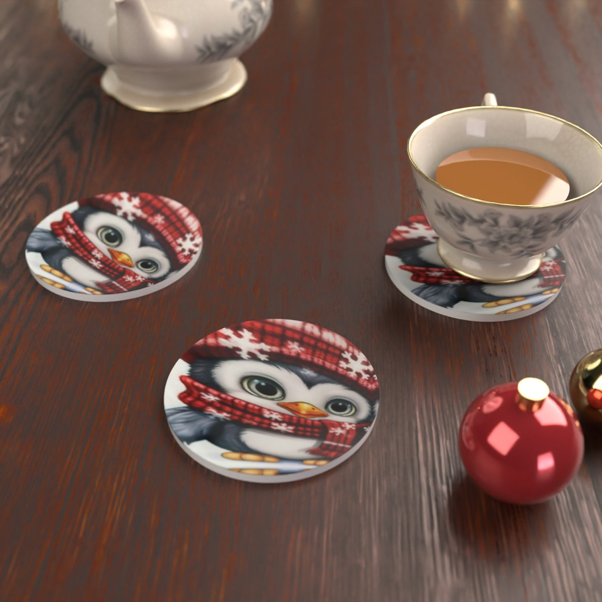 Christmas Penguins in Red Hats Round Ceramic Coasters – Set of 6 – Pre-order – lifestyle mockup 2
