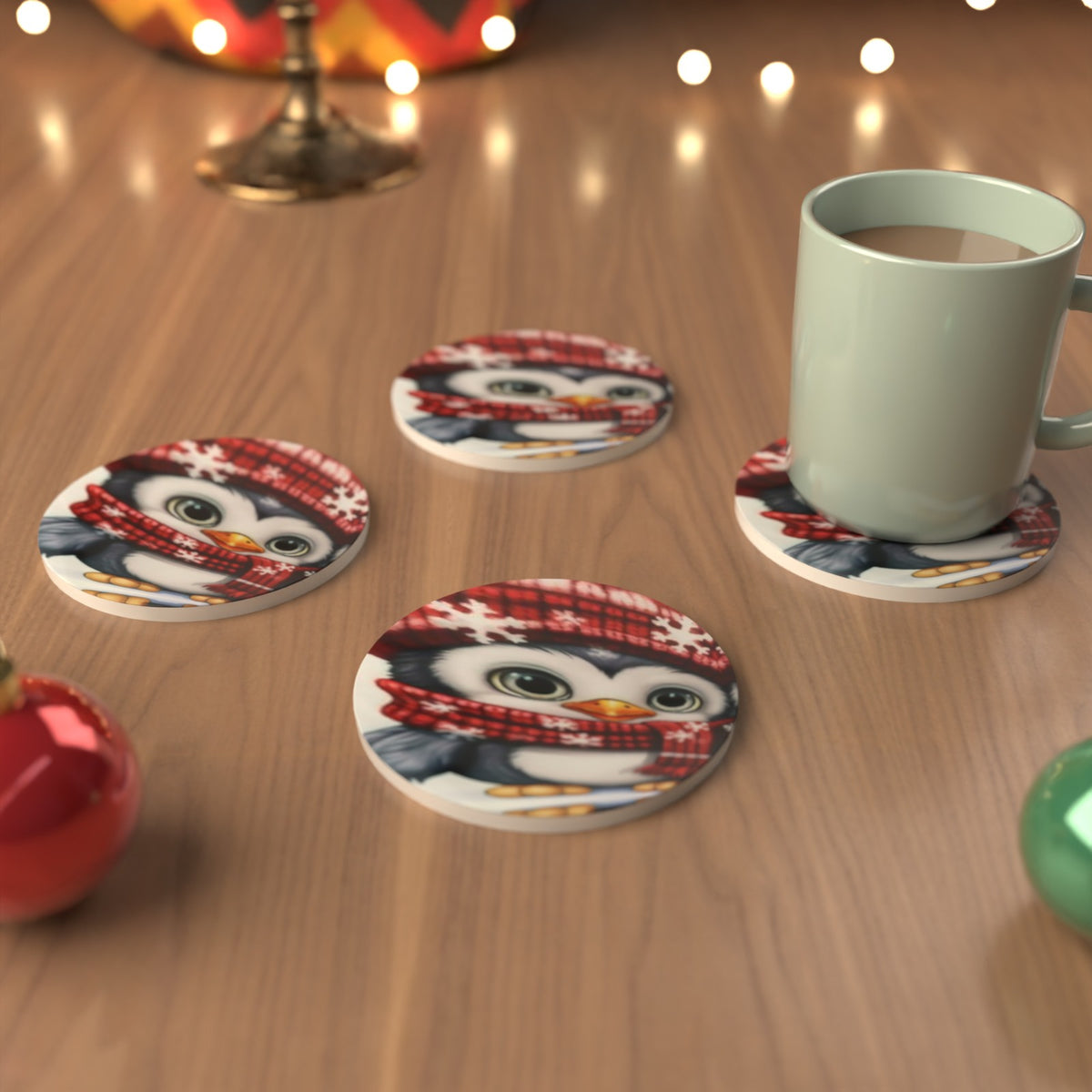 Christmas Penguins in Red Hats Round Ceramic Coasters – Set of 6 – Pre-order – lifestyle mockup 3