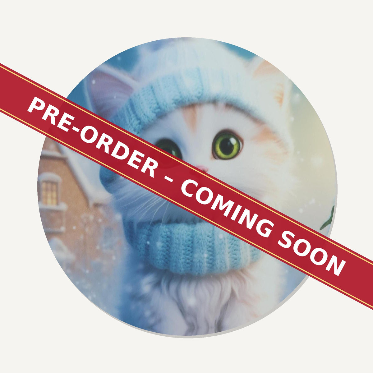 Christmas Kitten in Blue Scarf round ceramic coaster set of 6, pre-order coming soon